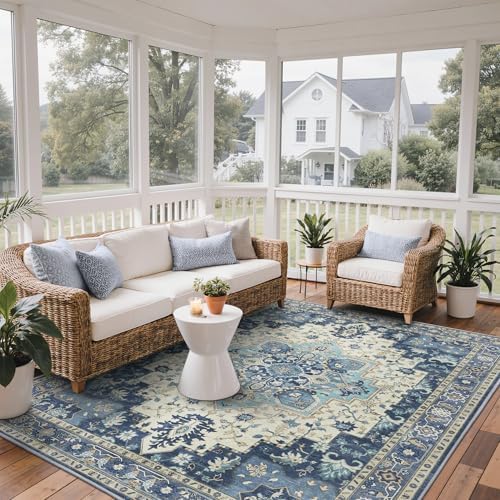 GENIMO Indoor Outdoor Rug, Washable for Patio and Deck, Navy Ivory, 8x10 - Image 3