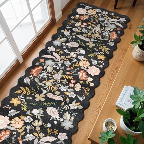 3x15 Hallway Runner Rug Washable: Scalloped Floral Long Kitchen Rug Black - Image 3