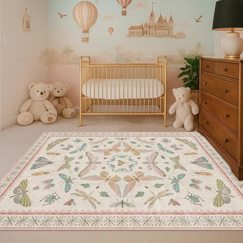 Hazo Haus Neutral Girl Nursery Rug 4x6 - Beige & Pink Rugs for Bedroom, Living Room - Washable Low Pile Non-Slip Charming Insect Print Vintage Girly Design, Perfect for Kids Rooms by HazoHaus