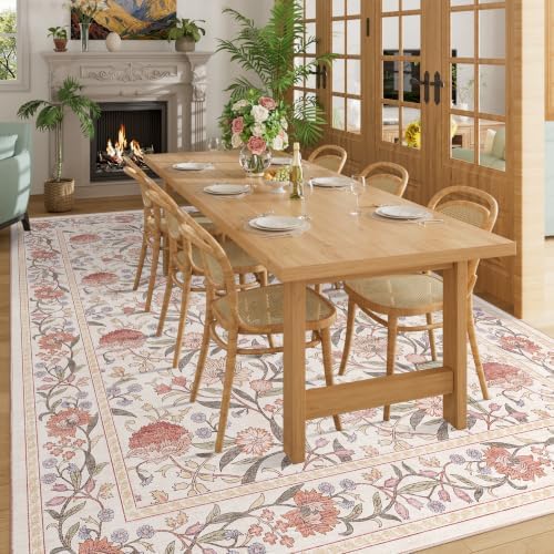 DUKINO 8x10 Area Rug Vintage Floral Washable Rug for Living Room Beige Pink - Image 5