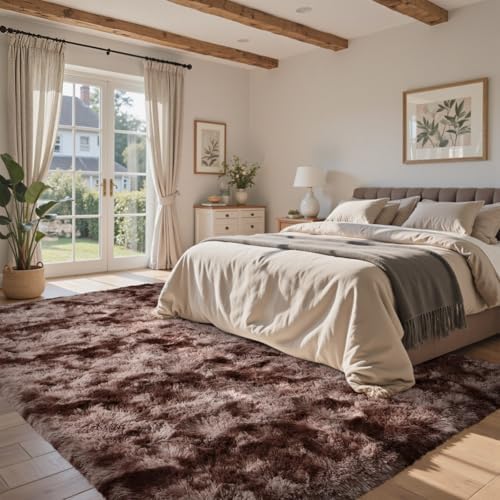 5x8 Brown Rugs for Living Room Fluffy Fur Bedroom Area Rug,Rustic Plush Non-Slip Dark Carpet for Book Room Office,Coffee Stain Resistant - Image 3