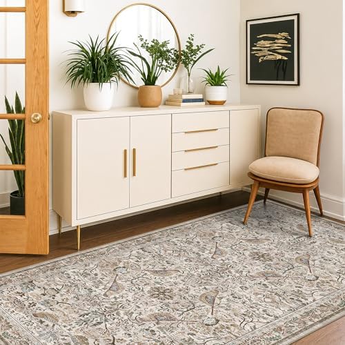 Moss 3x6 Washable Rug for Large Entryway - Boho Bird Rugs for Kitchen, Bedroom Bedside, Indoor Entrance Door Mat with Moody Woodland Flowers, Non-Slip Stain Resistant Low Pile by HazoHaus