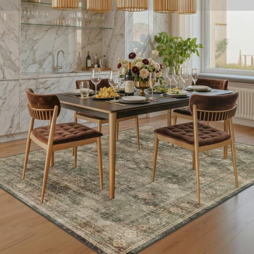 Vintage Moss Green 5x8 Area Rug for Living Room & Bedroom, Washable Boho Dark Academia Distressed Geometric Floral Rug for Dining Room, Non-Slip Low Pile Stain Resistant - Image 3