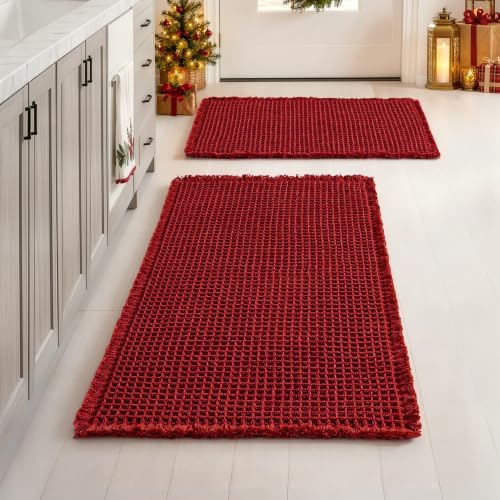MIULEE Christmas Burgundy Red Set of 2 Waffle Bathroom Rugs 17"x24"+18"x30" by MIULEE