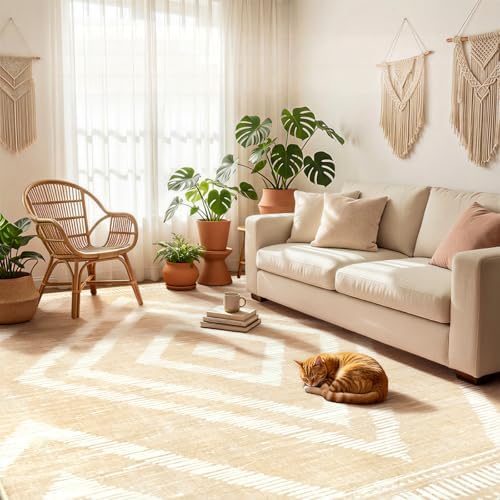 Boho Washable Area Rugs 6x9ft for Living Room, Beige Cream Thin Bedroom Rugs Non Slip, Modern Trellis Soft Kids Nusery Floor Carpets for Dining Room Playroom Home Office Decor - Image 4