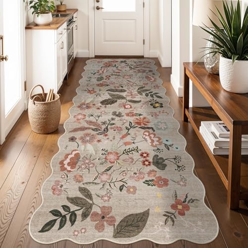 3x8 Washable Non-Slip Runner Rug: Floral Scalloped Wide Kitchen Rugs Brown by BYYVOORugsforYourHome