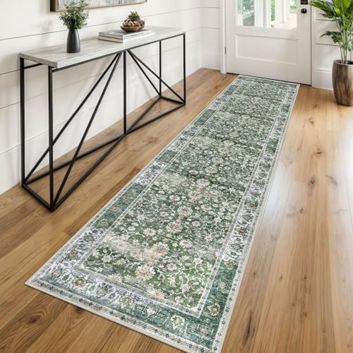 KUTA Vintage Washable Runner Rug 2x8 Green Runners for Hallways by KUTA