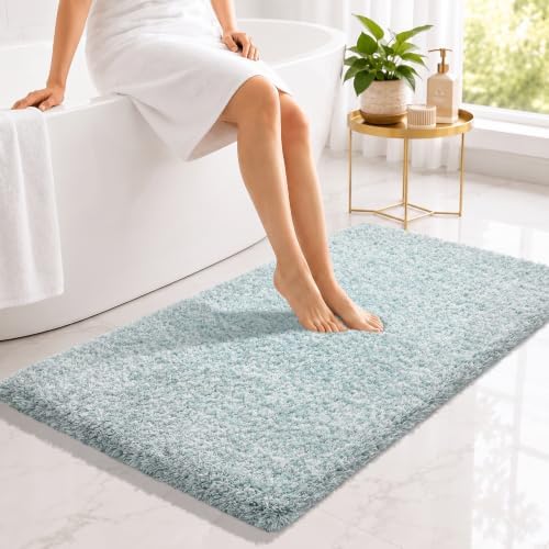 Yimobra Long Bathroom Rug 44x24, Non Slip Bath Mat, Sky Light Blue&White by Yimobra