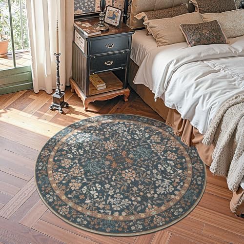 jinchan 4ft Washable Round Area Rug, Soft Floral Non-Slip, Dark Blue - Image 2