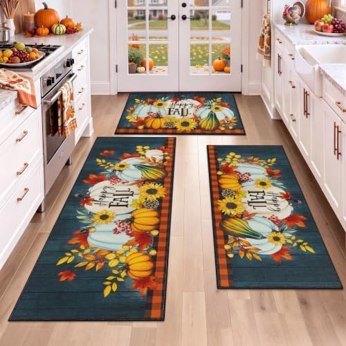 HEBE Fall Kitchen Rugs Set of 3, Washable Pumpkin Kitchen Mats for Floor by HEBE