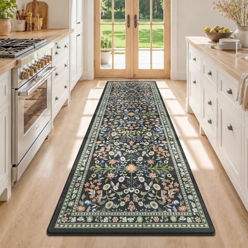 Yamaziot Boho Anti Fatigue Kitchen Rug 24"x 71" Black, Non-Slip Kitchen Mat by Yamaziot