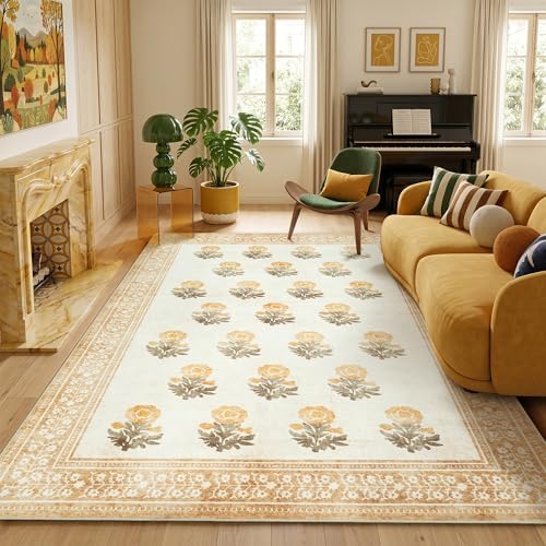 Beige Brown Floral Living Room Rug 5x7 Area Rug - Vintage Washable Rug for Dining Room, Bedroom, Ultra Soft Low Pile Non Slip Stain Resistance Distressed Boho Farmhouse Flower Carpet by SparkleGaze