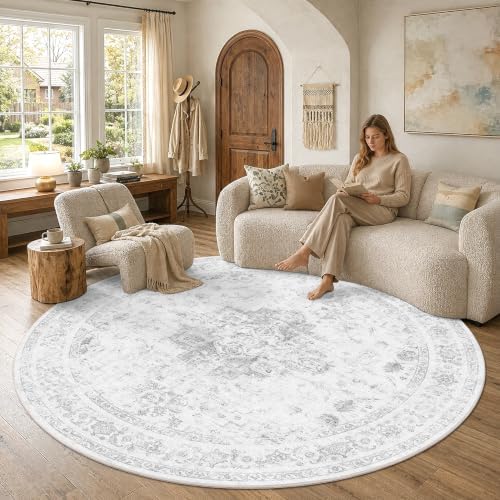 8ft Round Washable Living Room Rug Soft Medallion Gray Throw Carpet - Image 2