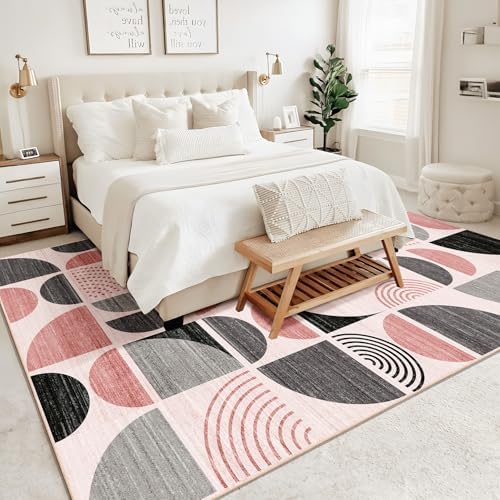 MUJOO Pink Washable Rugs 9x12,Boho Area Rugs Non Slip Modern Abstract - Image 3