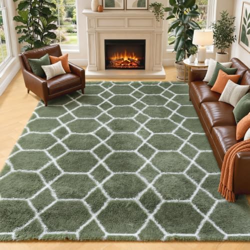 5x7 Area Rugs for Living Room Bedroom, Fluffy Olive Green and White Rug by ONASAR