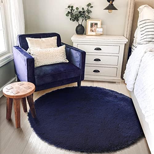 Amdrebio Dark Navy Blue Round Fluffy Area Rug 5Ft for Bedroom Living Room - Image 5