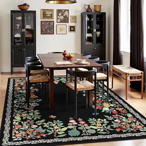 5x7 Area Rugs, Ultra-Thin Soft Rugs for Bedroom, Indoor Non-Slip Washable Rug for Living Room, Dining Room, Low Pile Home Decor Floral Rug(Black) - Image 4