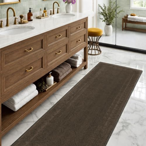 Brown 2x6 Hallway Runner Rug, Non-Slip Washable Vintage Distressed Rugs for Bathroom & Entryway, Low Pile Stain Resistant Kitchen Runner, Modern Farmhouse Décor - Image 3