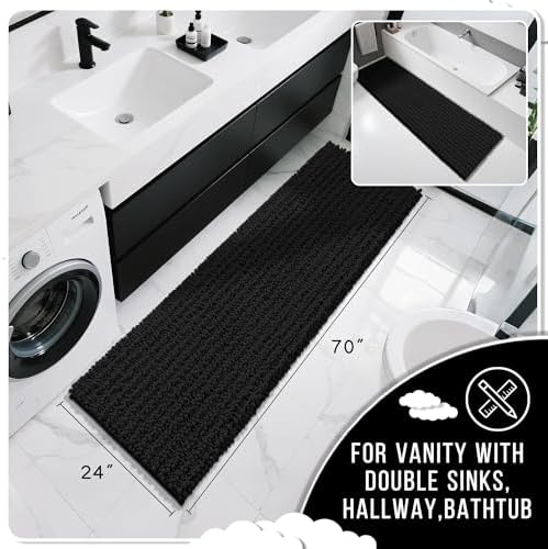 Yimobra Bathroom Runner Rug 70x24 Inch - Extra Long Non Slip Chenille Bath Mat, Soft & Absorbent, Machine Washable Shaggy Hallway Carpet for Vanity Tub Shower, Black Home Decor Accessories - Image 2