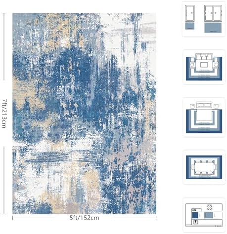 5x7 Rugs for Living Room - Modern Abstract Washable Rug, Ultra Soft Non Slip Low Pile Large Rugs, Floor Carpet for Bedroom Dining Room Office Laundry Nursery Home(Blue & Beige) - Image 2