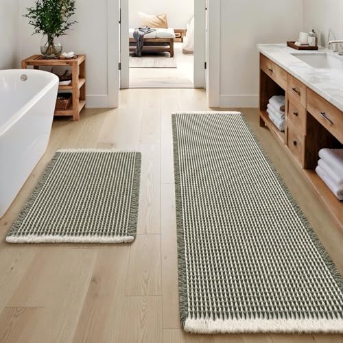 MIULEE Set of 2 Waffle Bathroom Rugs Green&Cream Bath Mat 17"x24"+20"x47" by MIULEE