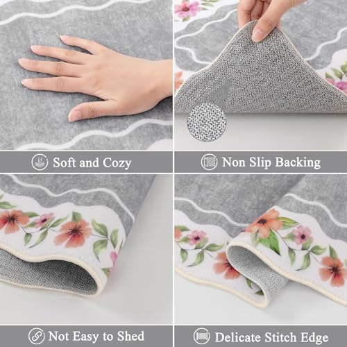 Vaukki Boho Kitchen Rug Sets of 3,Flower Grey Washable Kitchen Floor Mat - Image 3