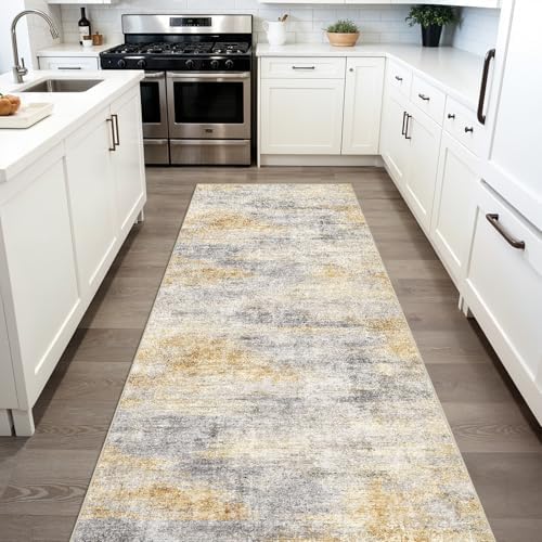 3x6 Runner Rug Washable Abstract: Non Slip Hallway Floor Mat Grey/Yellow by Ksrau
