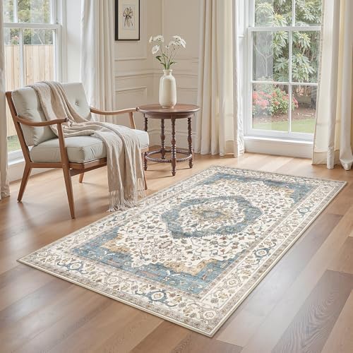 Vintage 3x5 Entryway Rug Washable Area Rug Blue by homewill