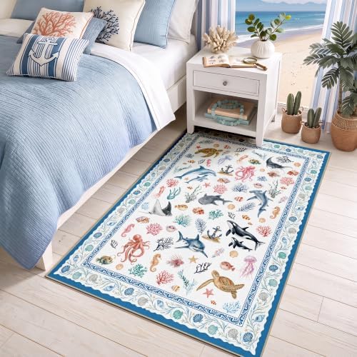 Arenarug Coastal Area Rug 3x5 Washable Ocean Beach Bedroom Rug, Ivory Blue - Image 2