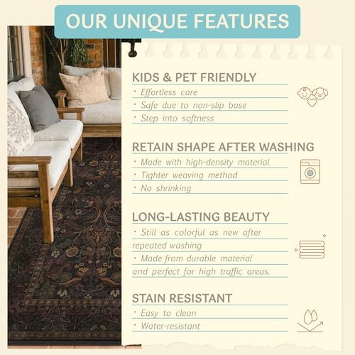 2x5 Small Runner Rug for Kitchen - Non Slip Brown Throw Rugs for Entryway, Laundry, Bathroom, Southwestren Floral Cabin Bedroom, Hallway Thin Stain Resistant Carpet - Image 6