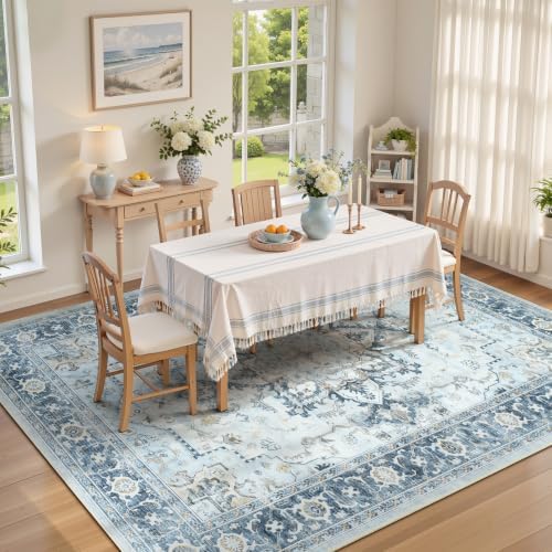5x7 Light Blue Area Rugs for Living Room, Vintage Washable Rug - Image 3