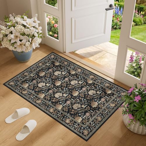 DUKINO 2x3 Rug, Washable Vintage Floral Bathroom Rugs Non Slip, Black - Image 3