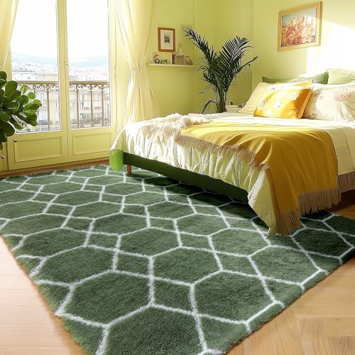 5x7 Area Rugs for Living Room Bedroom, Fluffy Olive Green and White Rug - Image 5