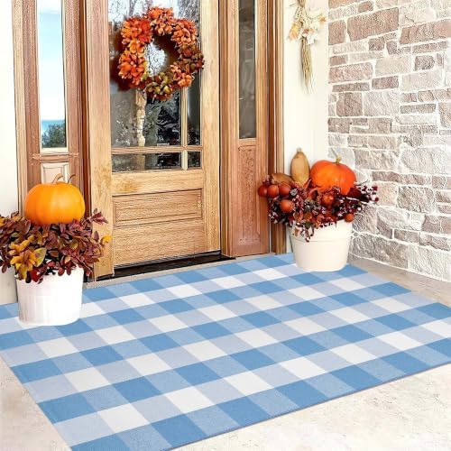 Washable 3'x5'Outdoor Rug, Light Blue White Buffalo Plaid Front Door Mat - Image 5