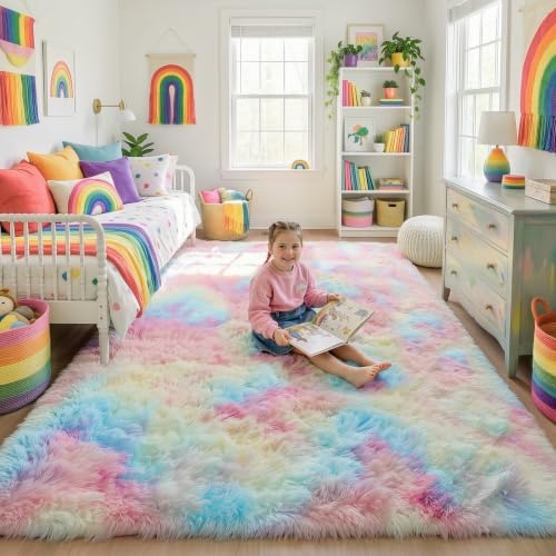 Rainbow Area Rugs for Girls Bedroom Living Room, Fluffy 4x6 Kid Bedside Rug - Image 6