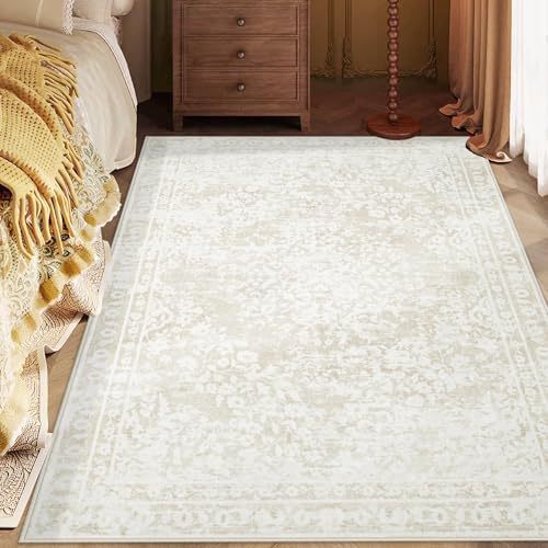 Area Rug 4x6 Entryway Rugs - Machine Washable Vintage Boho Area Rug Non-Slip Bedroom Rugs Soft Stain Resistant Living Room Carpet, Floral Distressed Rug for Dining Room Office(Cream Beige, 4'x6') - Image 6