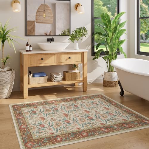 DUKINO 3x5 Rug, Washable Vintage Floral Bedroom Area Rug Non Slip, Brown - Image 5