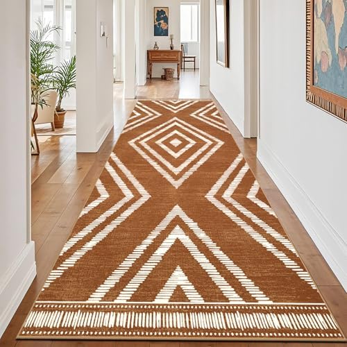 Boho 4x10 Hallway Runner Rugs Non Slip, Long Brown Washable Farmhouse Kitchen Rug Runners Non Shedding, Moroccan Floor Carpets for Bedroom Entryway Living Room Home Decor by Geanlod