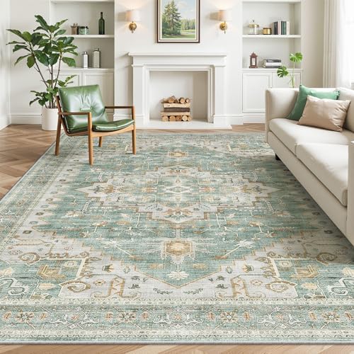befbee 7x9 Washable Area Rug for Living Room Non Slip Indoor Carpet Green by Befbee