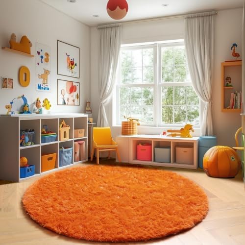 Amdrebio Orange Round Shag Kids Rug 4Ft for Bedroom Living Room Classroom - Image 5
