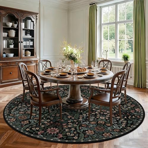 Round Rug 8ft Floral Circle Rug Black Botanical Indoor Area Rugs - Image 3