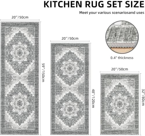 Kitchen Rugs Sets of 3 100% Non Slip Washable Kitchen Mats for Floor, Grey2 - Image 2