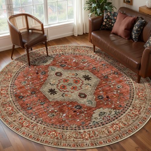 Tangsoo Washable Round Area Rugs 5ft, Boho Non Slip Circle Rug Low Pile - Image 2