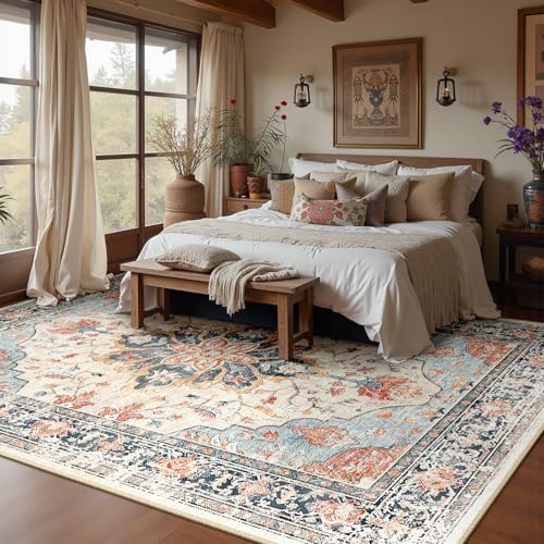 RELEANY Washable Area Rug, Large 9'x12', Beige/Blue/Orange - Image 3