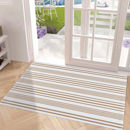 Khaki and White Striped Outdoor Rug 24"x51" Fall Washable Front Porch Rug - Image 7
