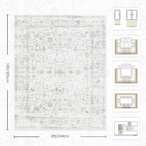 8x10 Area Rugs for Living Room, Washable Vintage Retro Floral Rug, Low Pile Non Slip Distressed Large Carpet for Bedroom, Dining Room, Office, Home (Beige & White) - Image 2