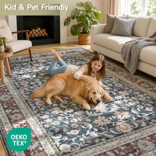 Lofus Washable Rugs for Living Room 9 x 12, Floral Navy Blue and Rust Red - Image 3