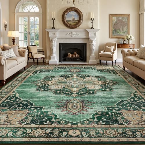 8x10 Green Area Rugs for Living Room Bedroom, Vintage Washable Rug - Image 4