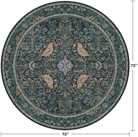 Washable Round Area Rug 6ft for Living Room, Soft Round Carpet Non-Slip with Rubber Backing, Vintage Large Circle Rug for Bedroom Kitchen Nursery, Dark Navy Blue Oriental Floral Décor - Image 2