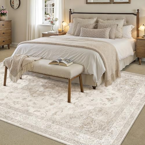 PureCozy Beige 10x14 Washable Area Rug Vintage Oriental Medallion Carpet - Image 5